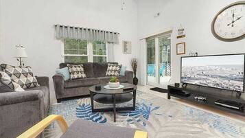 Smart TV, DVD player, foosball, video library