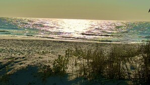 A beach with sunlight reflecting off the water, waves, and sparse vegetation. - The Nautical Nook Beach Cottage - #1714 Ocean Lakes (Myrtle Beach)