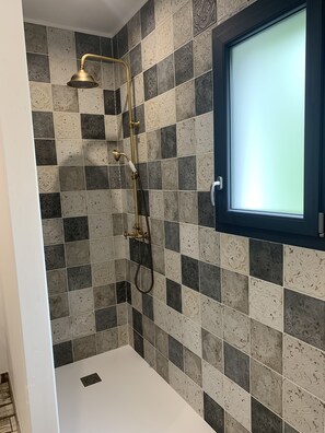 Regadera, toallas, papel de baño 