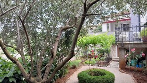 Un jardin avec un sentier, une petite haie circulaire et un bâtiment doté d’un balcon.