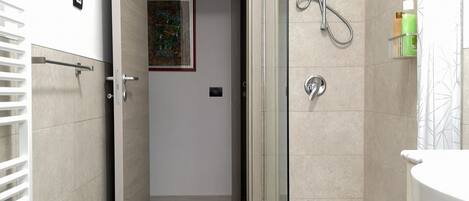 Shower, hair dryer, bidet, towels