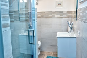 Shower, hair dryer, bidet, towels