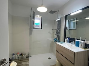 Hair dryer, towels, toilet paper
