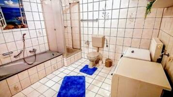 Hair dryer, towels, soap, toilet paper