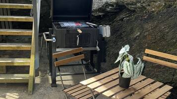 Un espace extérieur aménagé avec un barbecue, des bancs en bois et un pot de fleurs.