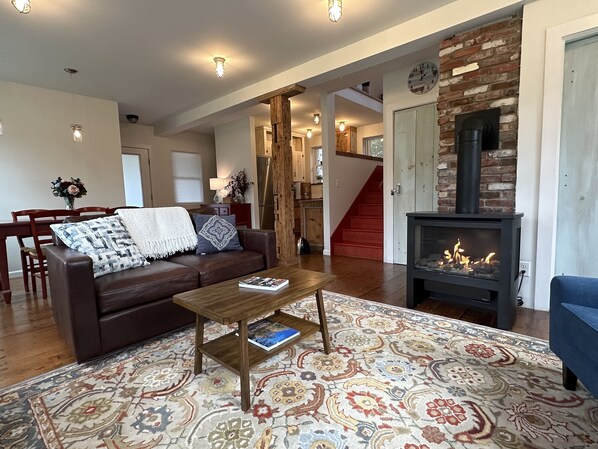 TV connectée, cheminée, livres, chaîne hi-fi