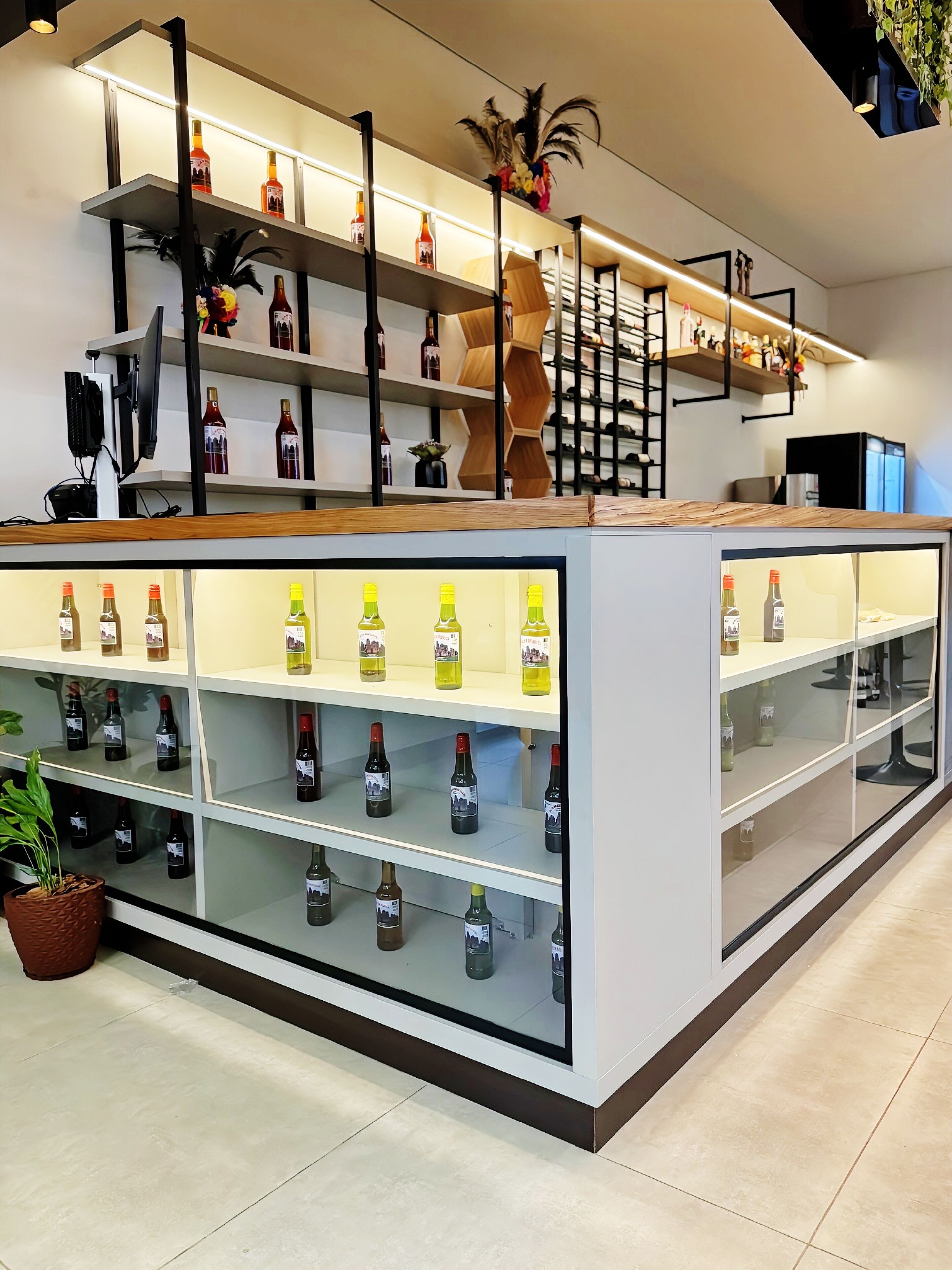 A modern bar area with shelves of various bottles, a wooden counter, and a decorative plant.