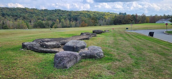 Un campo cubierto de hierba con rocas grandes y una señal de parada.