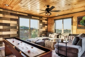 Smart TV, chimenea, videojuegos, libros