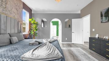 5 bedrooms, desk, iron/ironing board, travel cot