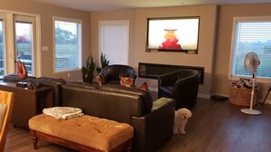 Un salon avec une cheminée, un téléviseur fixé au mur et un chien.