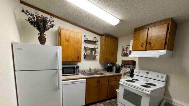 Una cucina compatta con mobili in legno, un frigorifero bianco, un forno a microonde, un fornello e una lavastoviglie.