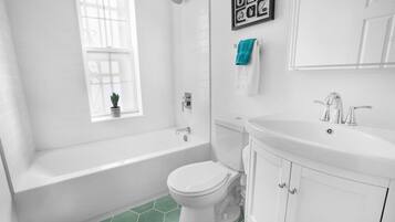 Hair dryer, towels, soap, shampoo