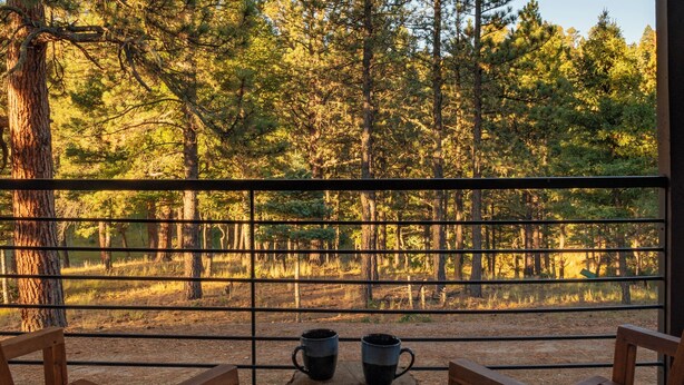 A wooden deck with two chairs and a table, overlooking a forested area through a metal railing. - Incredible Cabin, Minutes to the Resort, King Bed, A/C, Fire pit (Angel Fire)