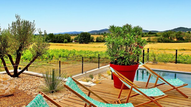A poolside area with lounge chairs, a red planter with a plant, and a view of a vineyard and hills in the background.