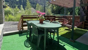 Eine Terrasse mit Tisch und Stühlen, einem Blumentopf und Blick auf einen bewaldeten Berg.