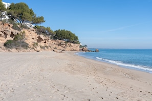 Een zandstrand met voetafdrukken, een rotsachtige klif met bomen en de oceaan op de achtergrond.