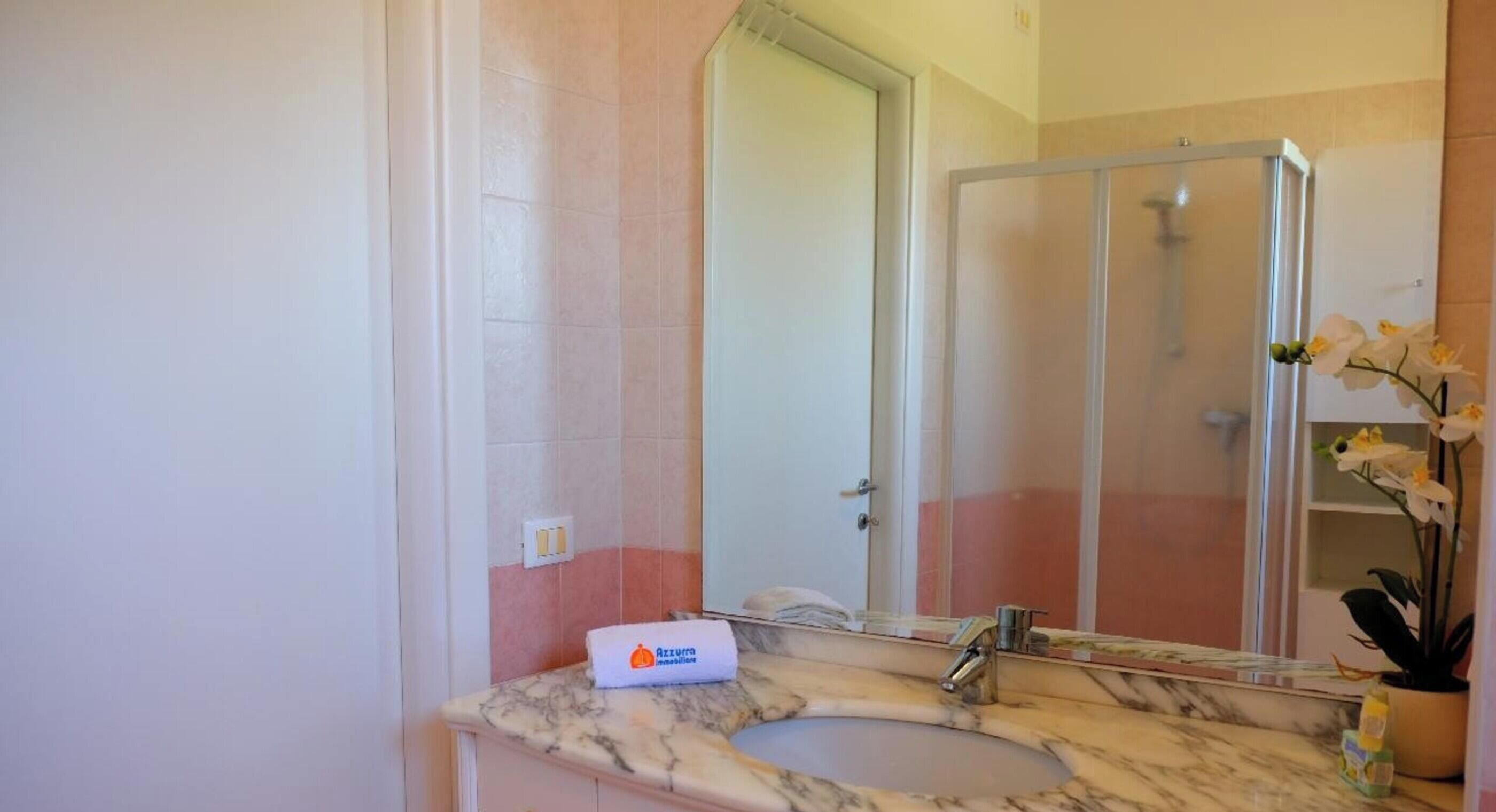 A bathroom with a marble sink, a glass shower enclosure, and a potted orchid.