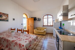 A compact room with a bed, a dining table, a sofa, a kitchenette, and a window.