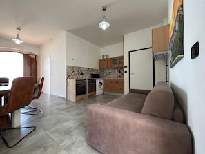 A compact living space with a kitchenette, a dining area with chairs, and a sofa.
