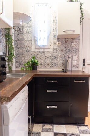 A kitchen with patterned tiles, a sink, a coffee maker, and a plant.