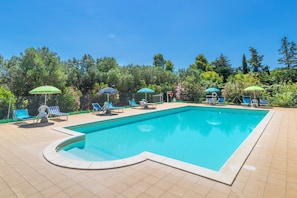 A swimming pool with lounge chairs and umbrellas, surrounded by trees.