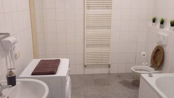 Shower, hair dryer, towels, shampoo