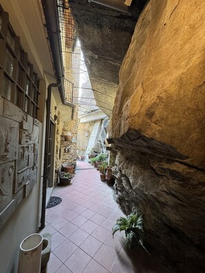 A narrow stone corridor with tiled flooring, potted plants, and a large rock wall. - Florence Rock Apartment (Firenze)