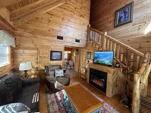 Smart TV, fireplace, DVD player, books