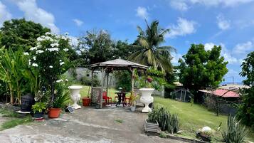 A garden with a gazebo, potted plants, and a lawn.