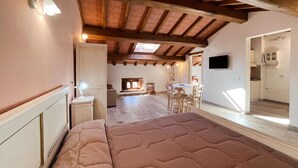Un dormitorio amplio con una cama grande, un escritorio y una silla. Hay un tragaluz sobre la cama y un televisor montado en la pared.