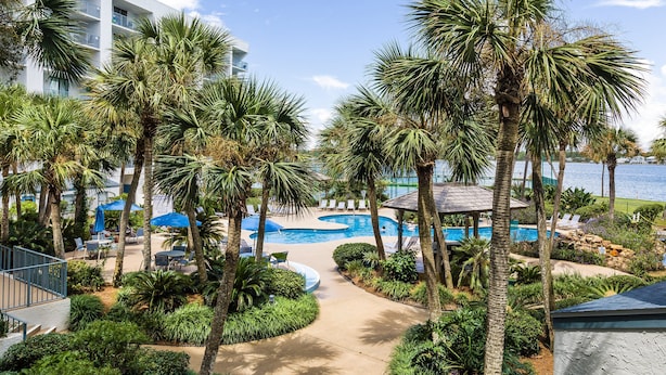 Ein Resort mit Poolbereich, umgeben von Palmen und Liegestühlen, mit Blick auf ein Gewässer.