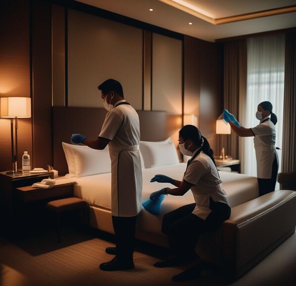 Une chambre d’hôtel avec un lit bien fait, une table de chevet avec une lampe et une bouteille, et une grande fenêtre avec des rideaux.