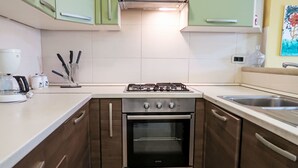 Et lille køkken med gasblus, ovn og vask.