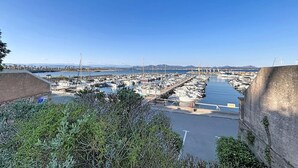 Un puerto deportivo con barcos amarrados, cielo despejado y montañas a lo lejos.