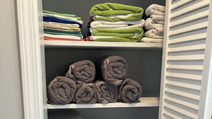 A closet with shelves holding neatly folded towels in various colors.