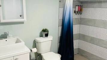 Hair dryer, towels, soap, toilet paper
