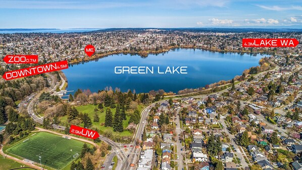 An aerial view of Green Lake surrounded by residential areas, with Downtown and 4.3M Lake WA labeled.