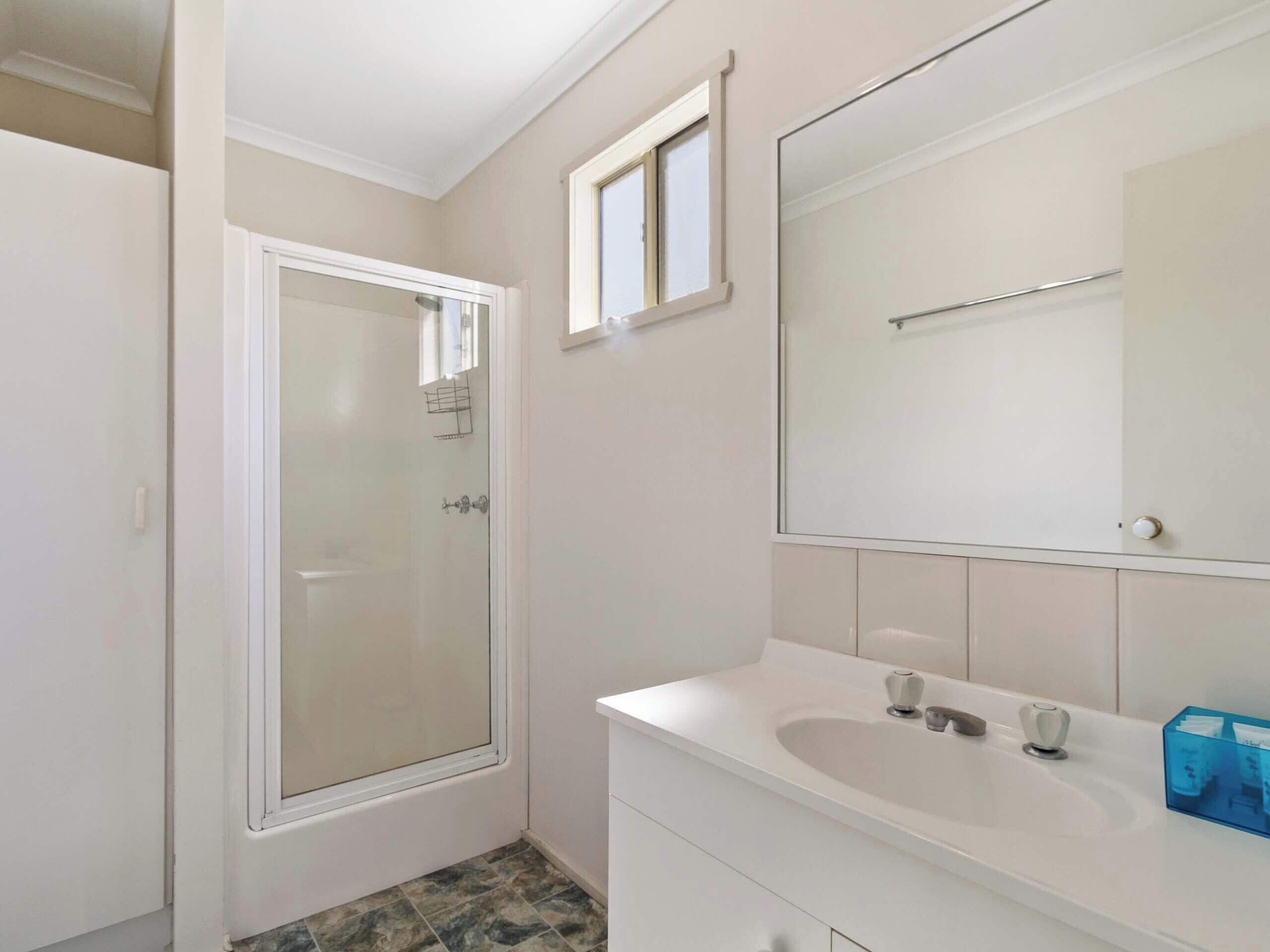 Un baño con ducha, lavabo y espejo.