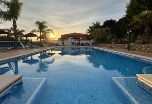 Una piscina con sillas de descanso y sombrillas, rodeada de palmeras y un muro de piedra.