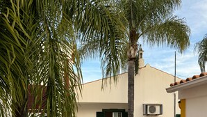A courtyard with cobblestone flooring, a palm tree, and a building with green shutters and an air conditioning unit. - Quinta Jardim das Palmeiras, T2 nº6, Algoz (Silves)