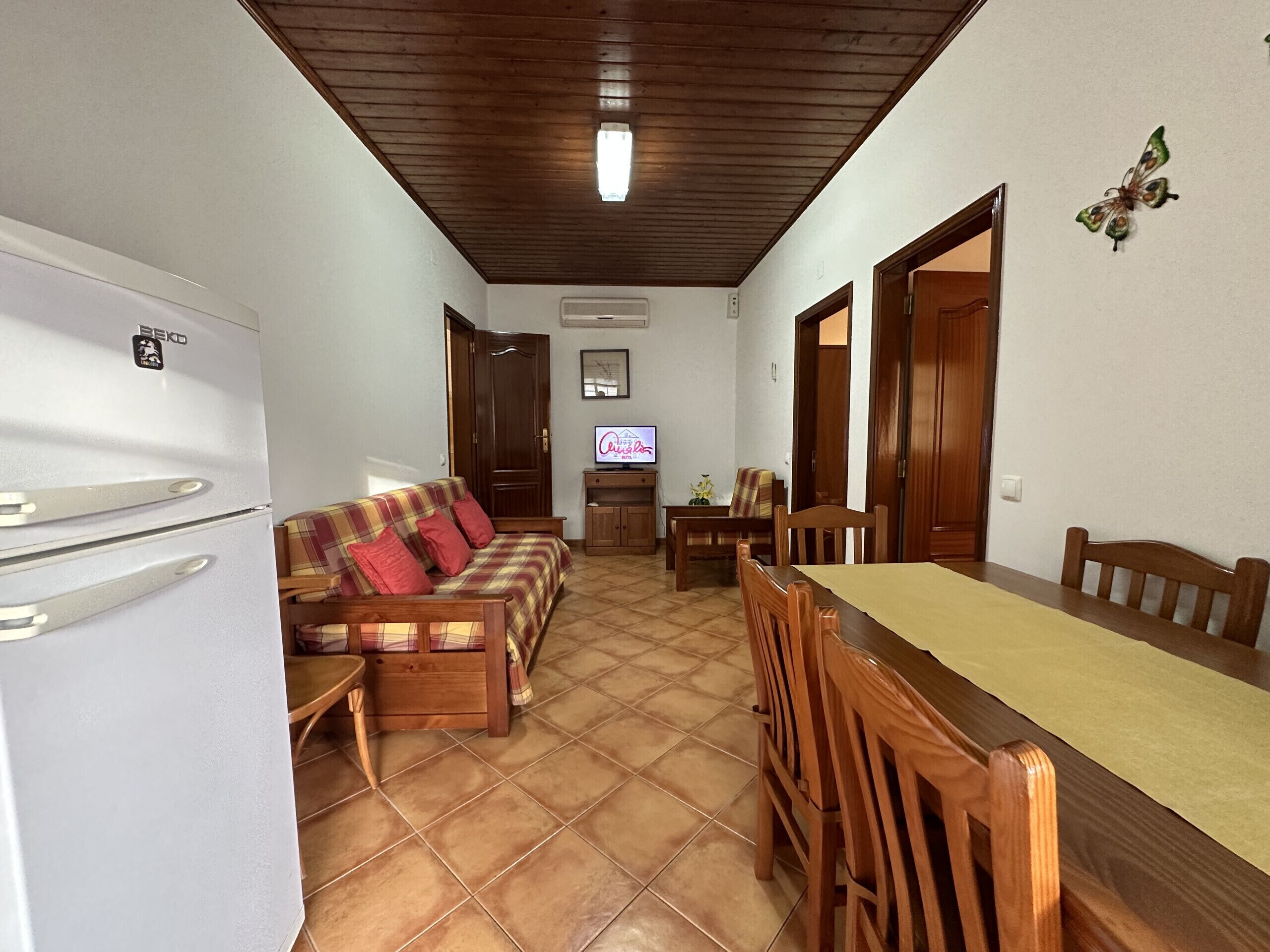 A compact living space with a kitchenette, a sofa, a dining table, and a television.