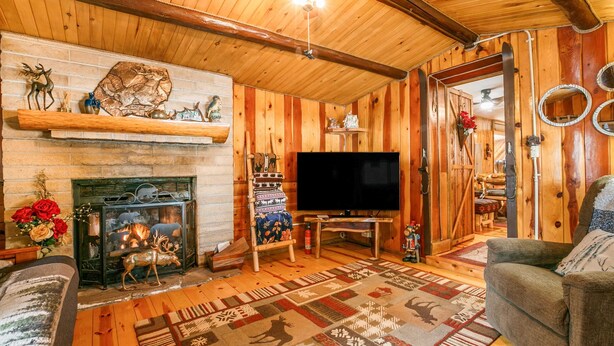 Ein gemütliches Blockhaus mit Kamin, Holzwänden, Fernseher und einem gemusterten Teppich.