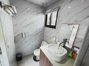 Shower, hair dryer, towels