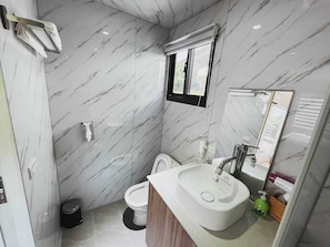 Douche, séchoir à cheveux, serviettes fournies