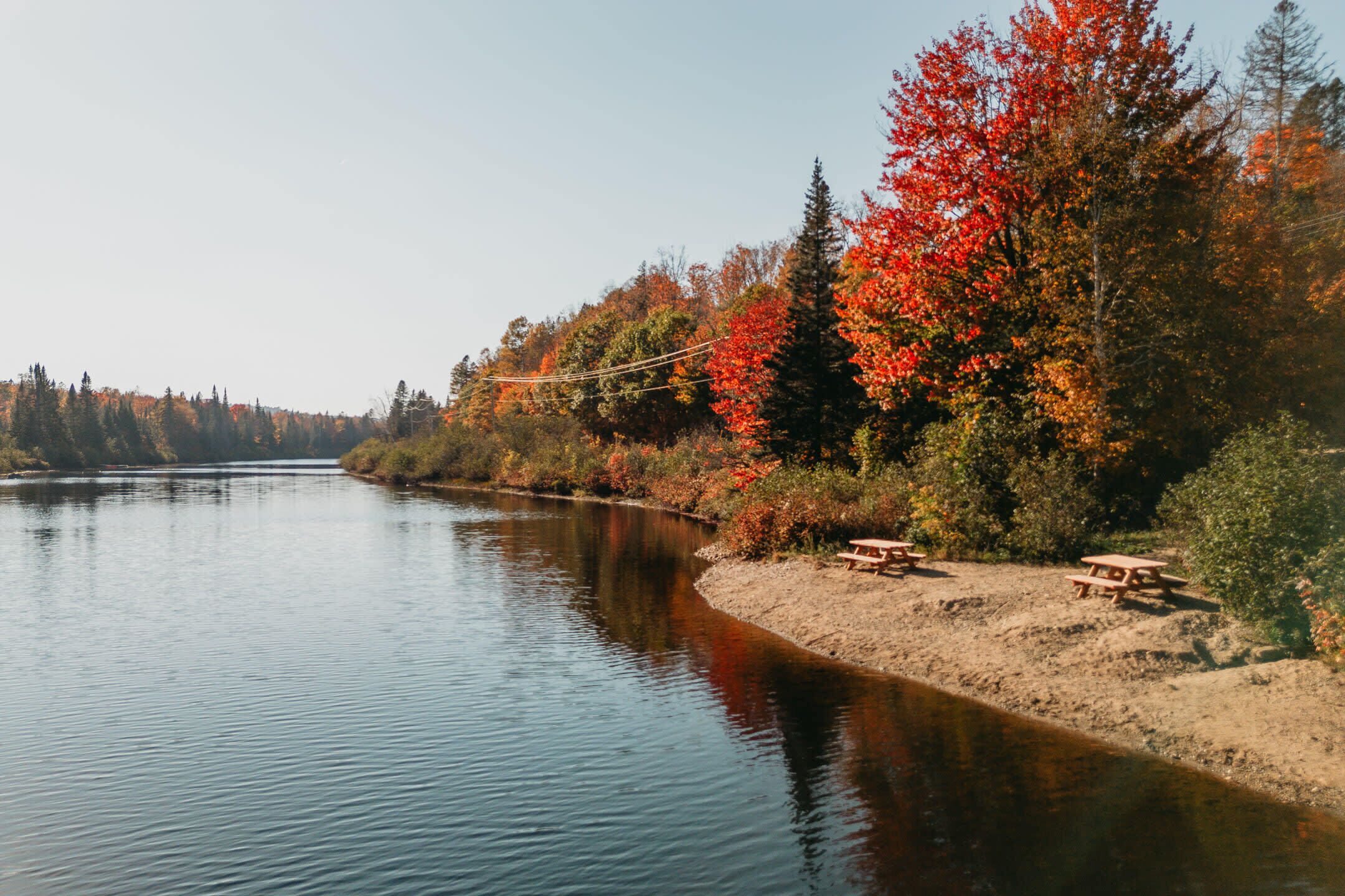 A serene lakeside setting with picnic tables and autumn foliage along the riverbank.
