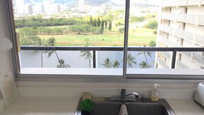 Eine Küche mit Blick auf eine Stadtlandschaft, einem Spülbecken und einem grünen Putzlappen.