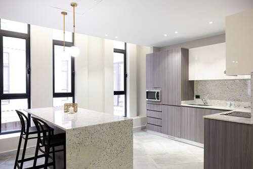Frigorífico, microondas, horno y placa de cocina