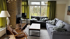 Un salon avec une cheminée, un canapé, une table basse, un téléviseur et une vue sur les arbres à travers de grandes fenêtres.