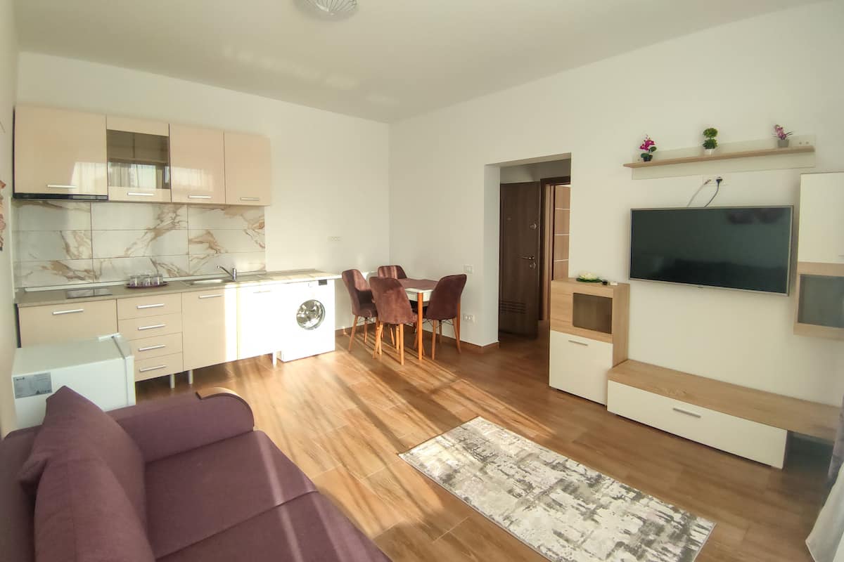 A modern apartment with a kitchen, dining area, and living room.
